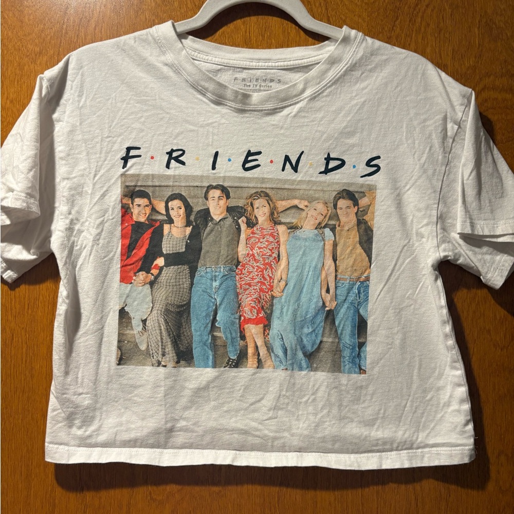 FRIENDS White Graphic Crop Top with Multicolor Cast Print